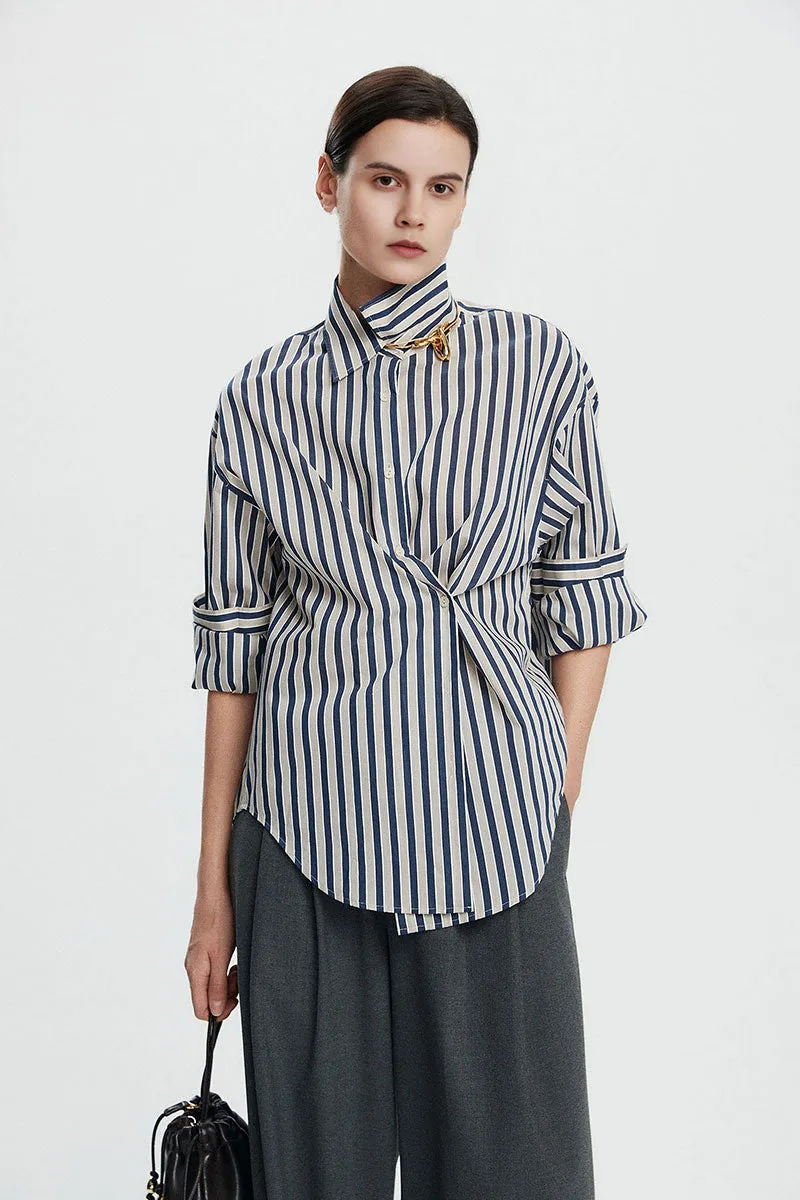 Convertible Oversized Fit Navy-White Striped Button-Up Shirt