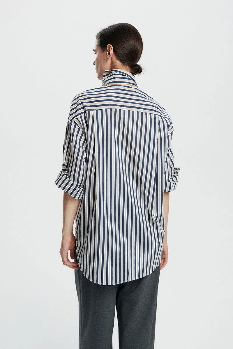 Convertible Oversized Fit Navy-White Striped Button-Up Shirt