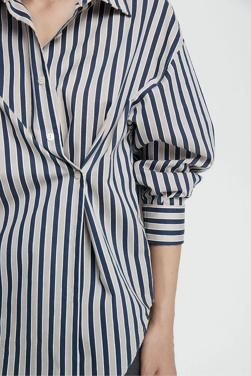 Convertible Oversized Fit Navy-White Striped Button-Up Shirt