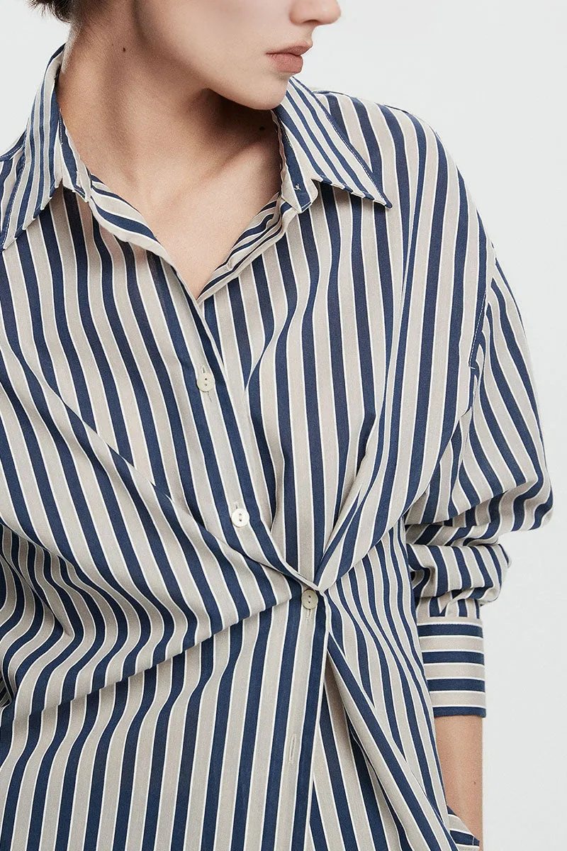 Convertible Oversized Fit Navy-White Striped Button-Up Shirt