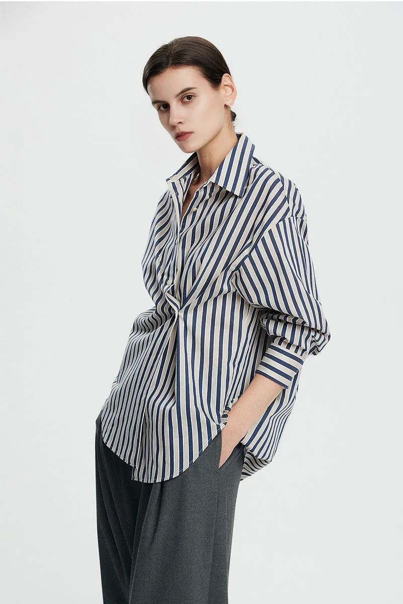 Convertible Oversized Fit Navy-White Striped Button-Up Shirt