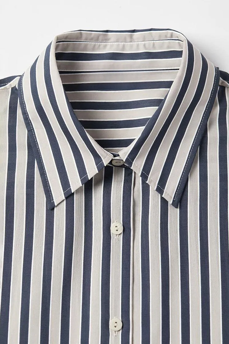 Convertible Oversized Fit Navy-White Striped Button-Up Shirt