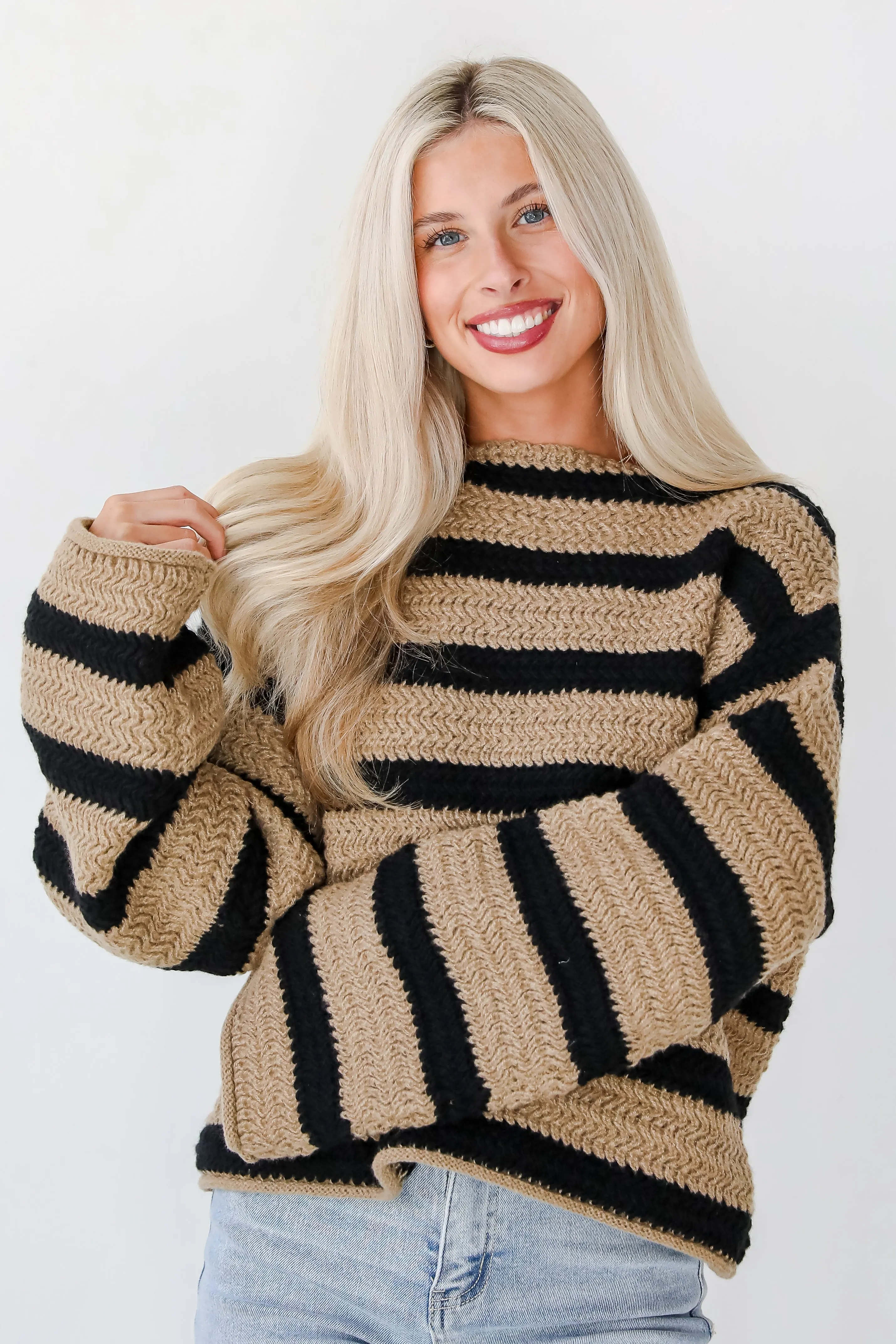 Cozy Warmth Taupe Striped Sweater