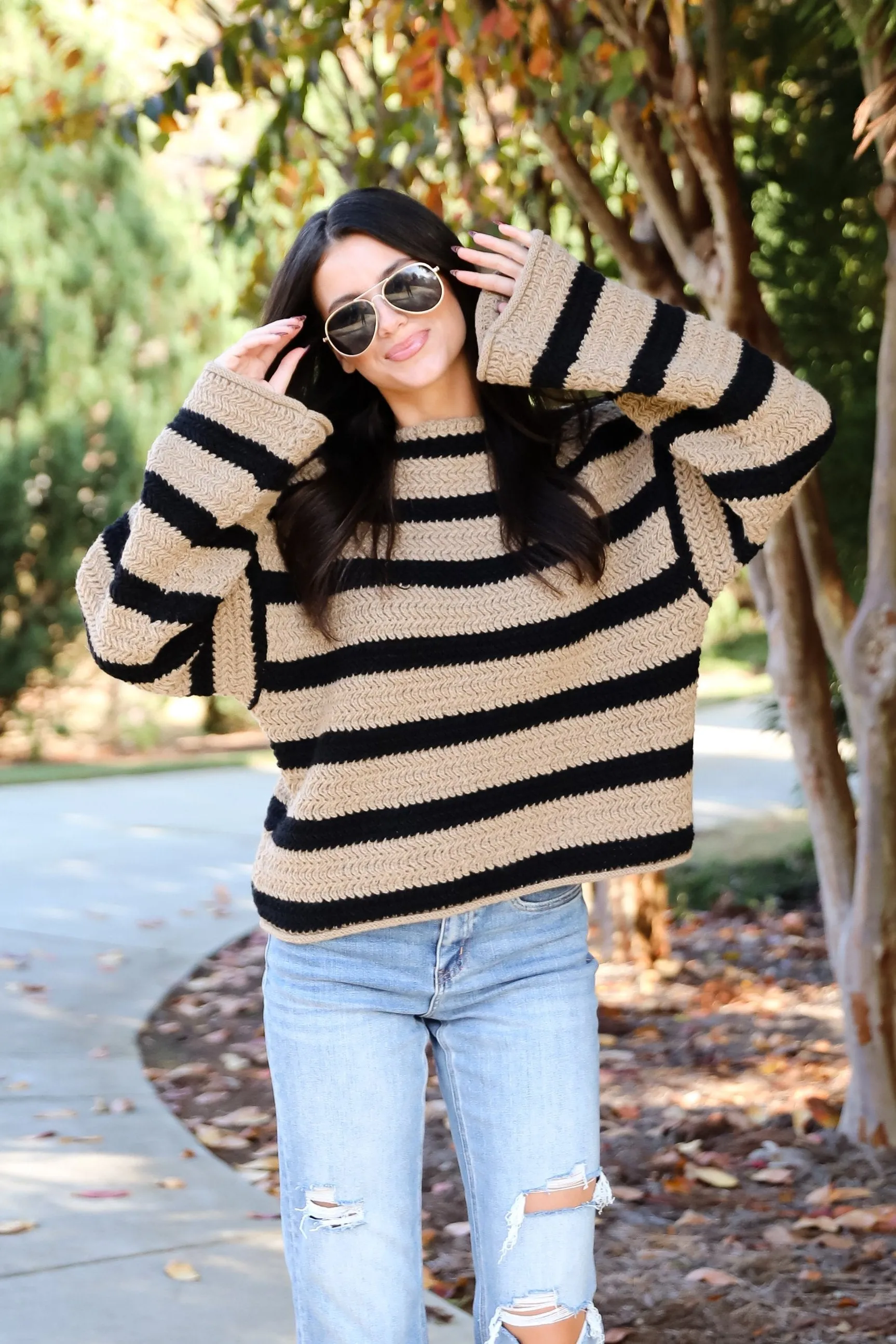 Cozy Warmth Taupe Striped Sweater