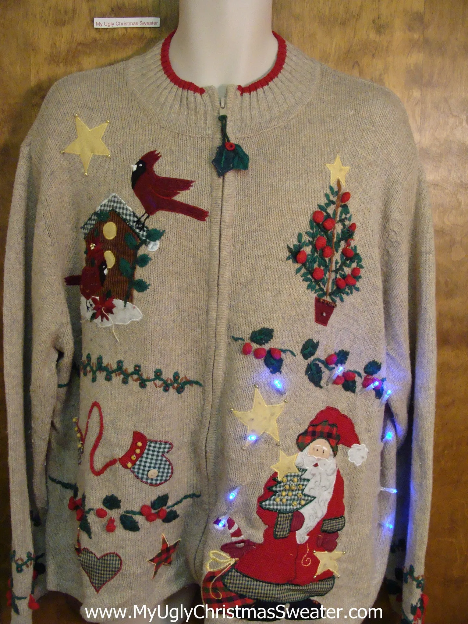 Crafty Light Up Ugly Xmas Sweater with Santa, Mittens, Cardinal