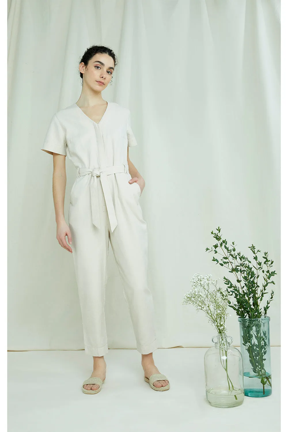 Cream Jumpsuit With Button Up Front