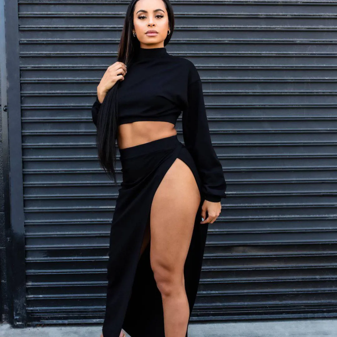 Crop Top & High Split Skirt - Black