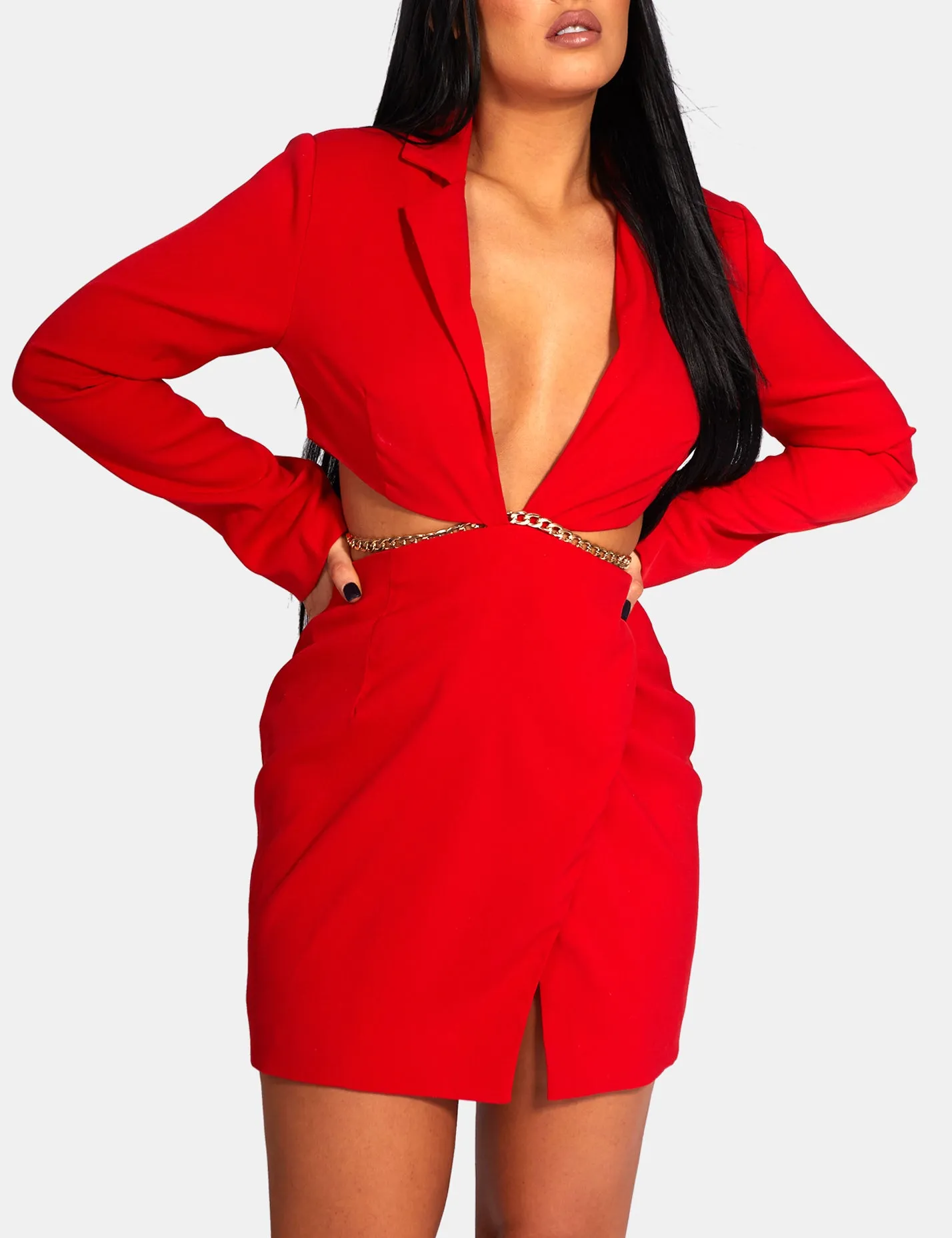 Cut Out Chain Waist Blazer Dress Red