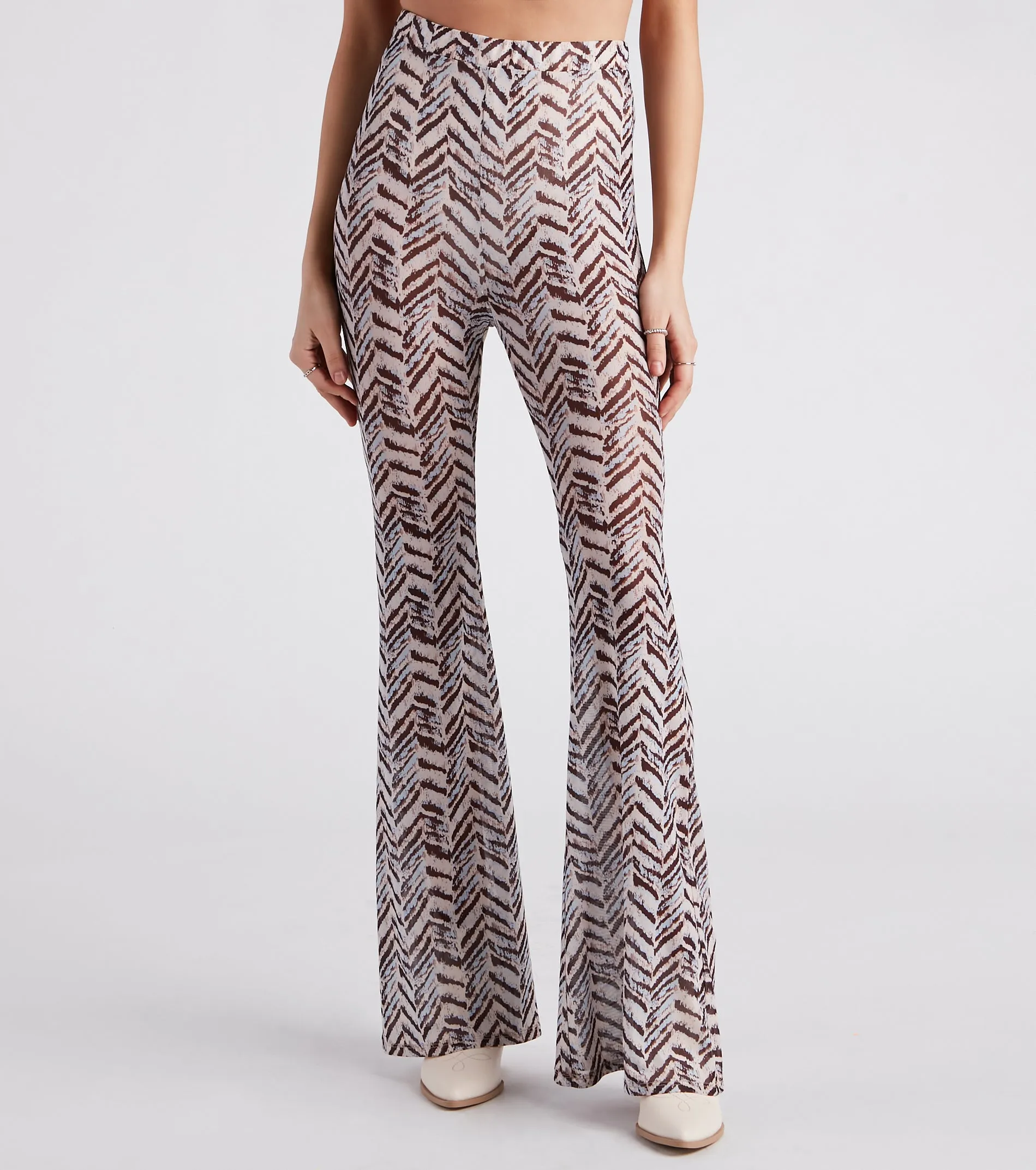 Cute In Chevron Print Mesh Flare Pants