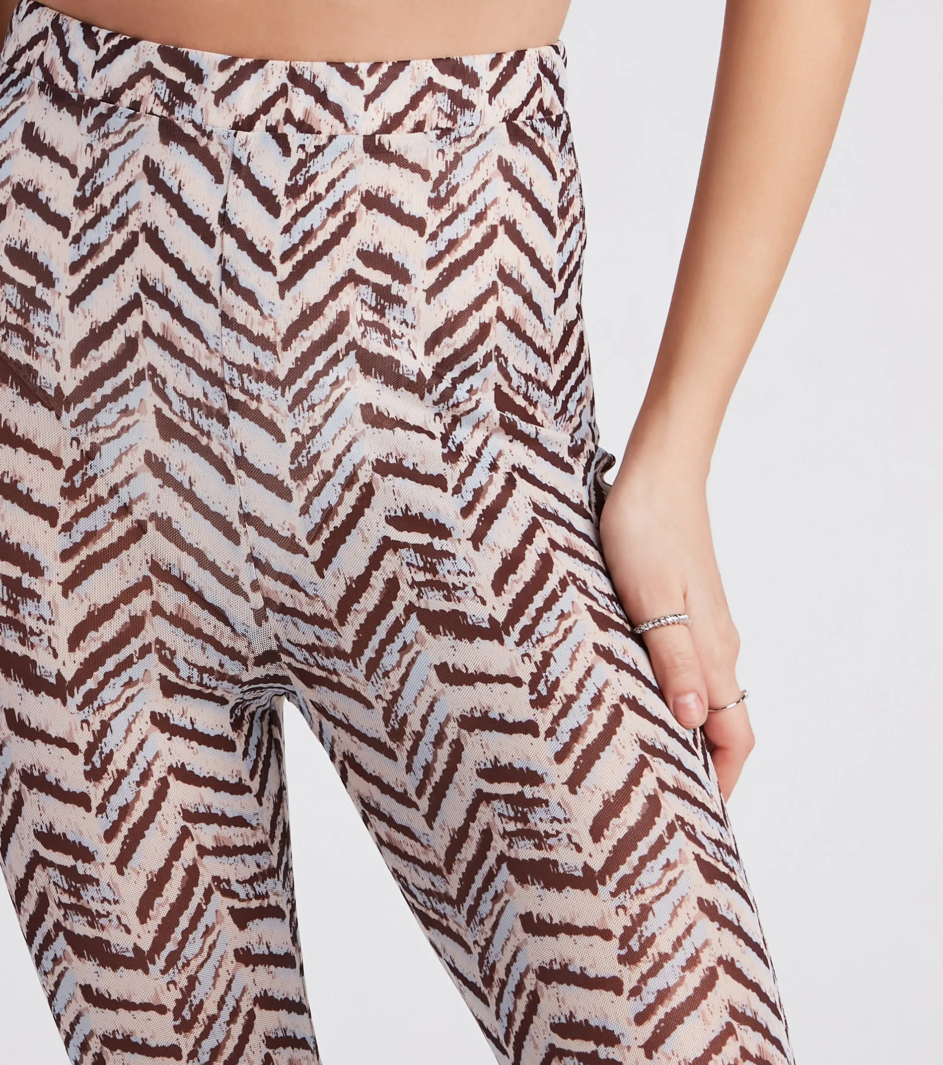 Cute In Chevron Print Mesh Flare Pants