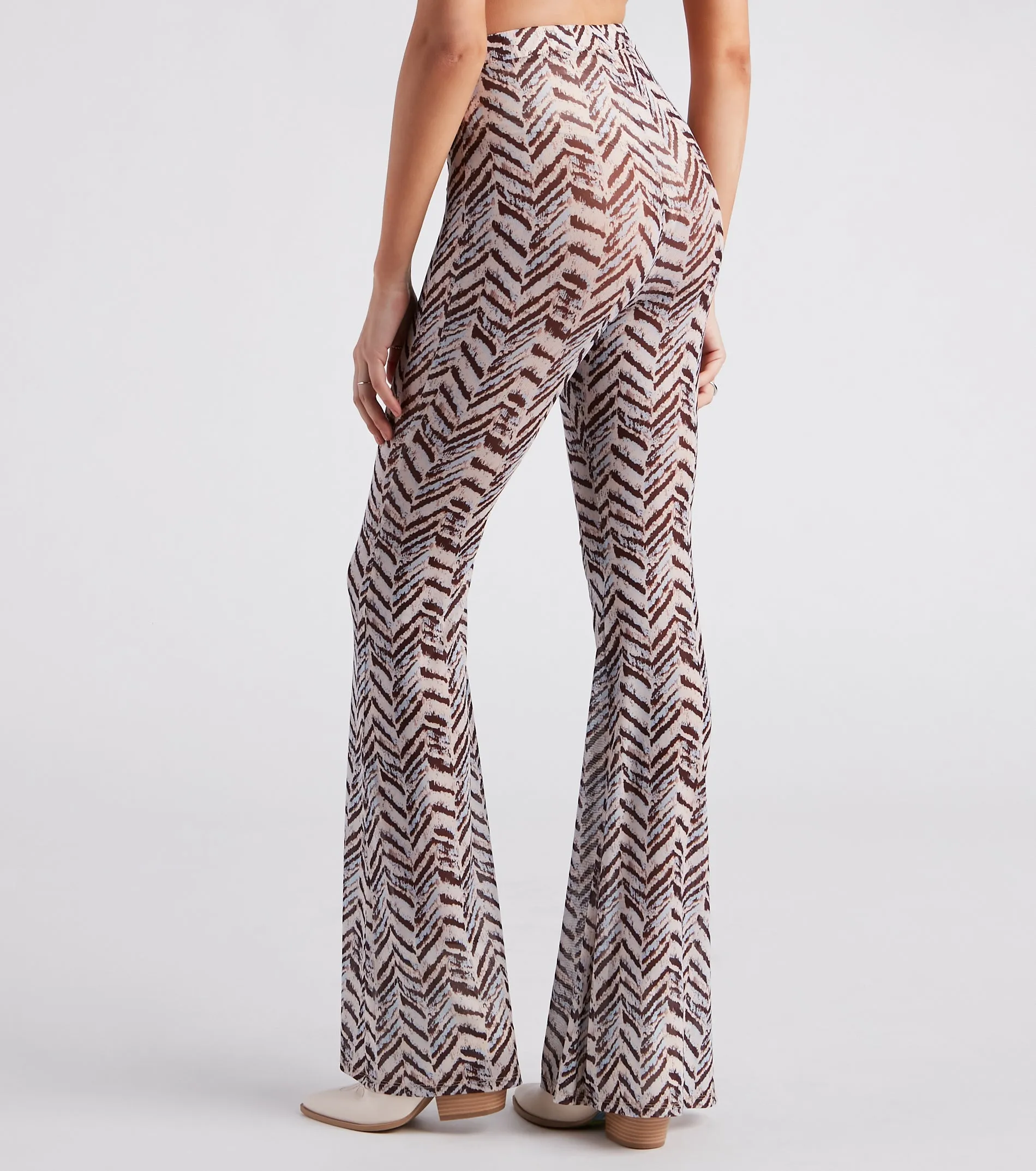 Cute In Chevron Print Mesh Flare Pants