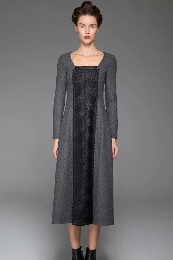 Dark Gray Wool Dress Slim Wool Dress Black Stitching Dress (1442)