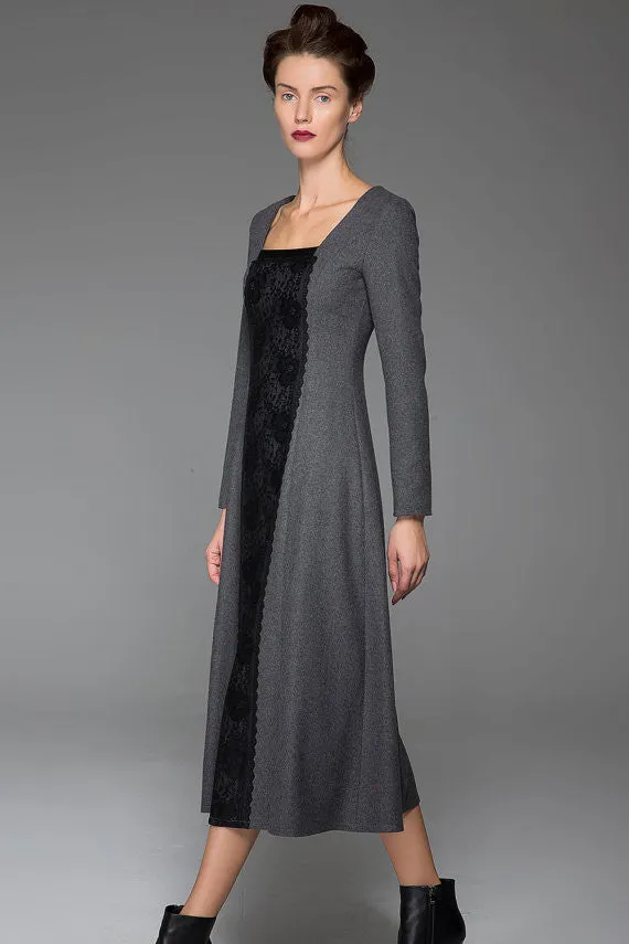 Dark Gray Wool Dress Slim Wool Dress Black Stitching Dress (1442)