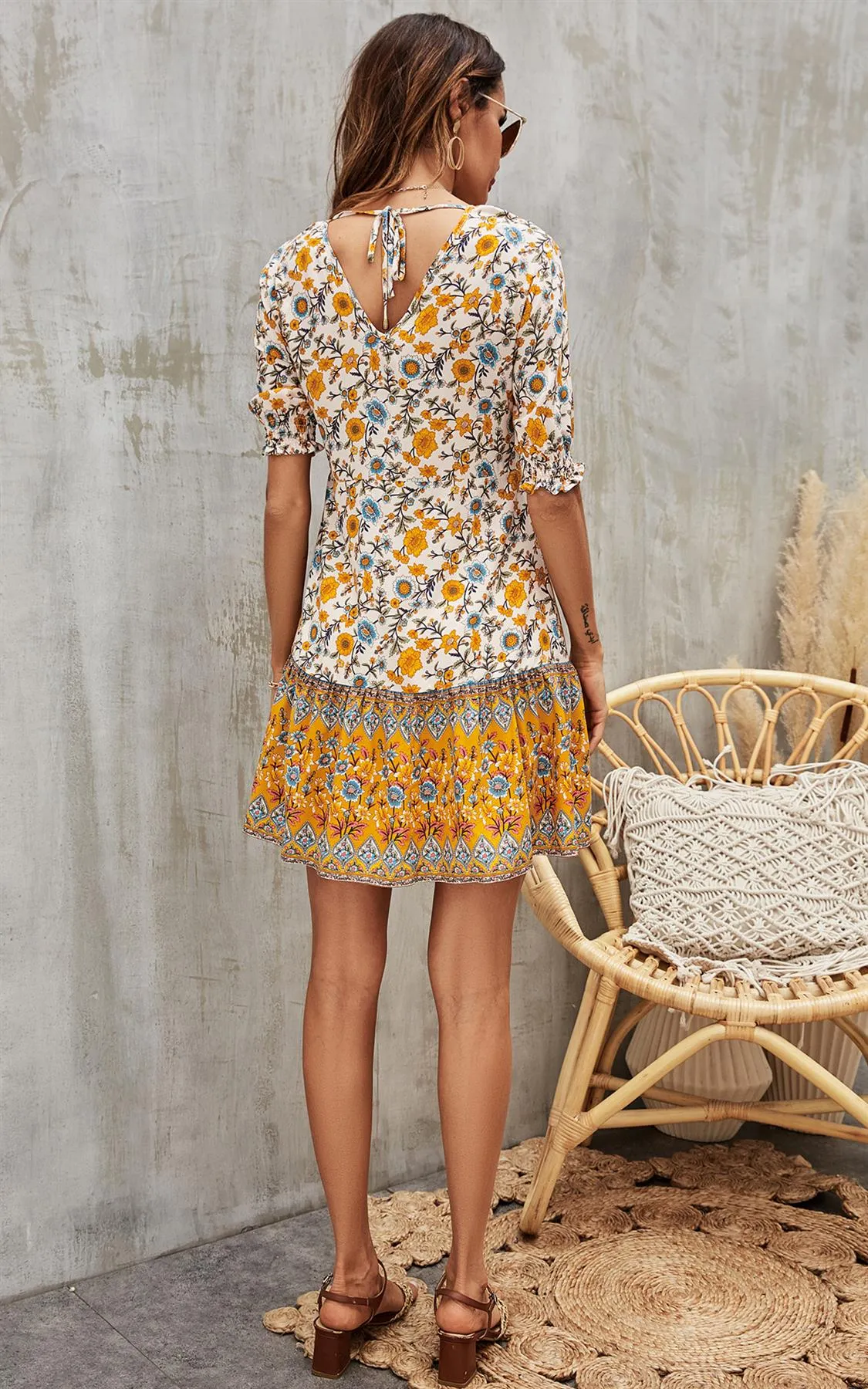 Deep V Neck Boho Mini Dress In Yellow