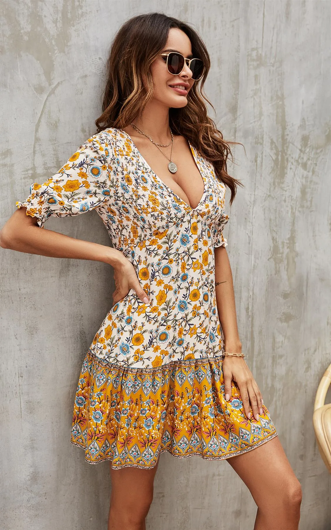 Deep V Neck Boho Mini Dress In Yellow