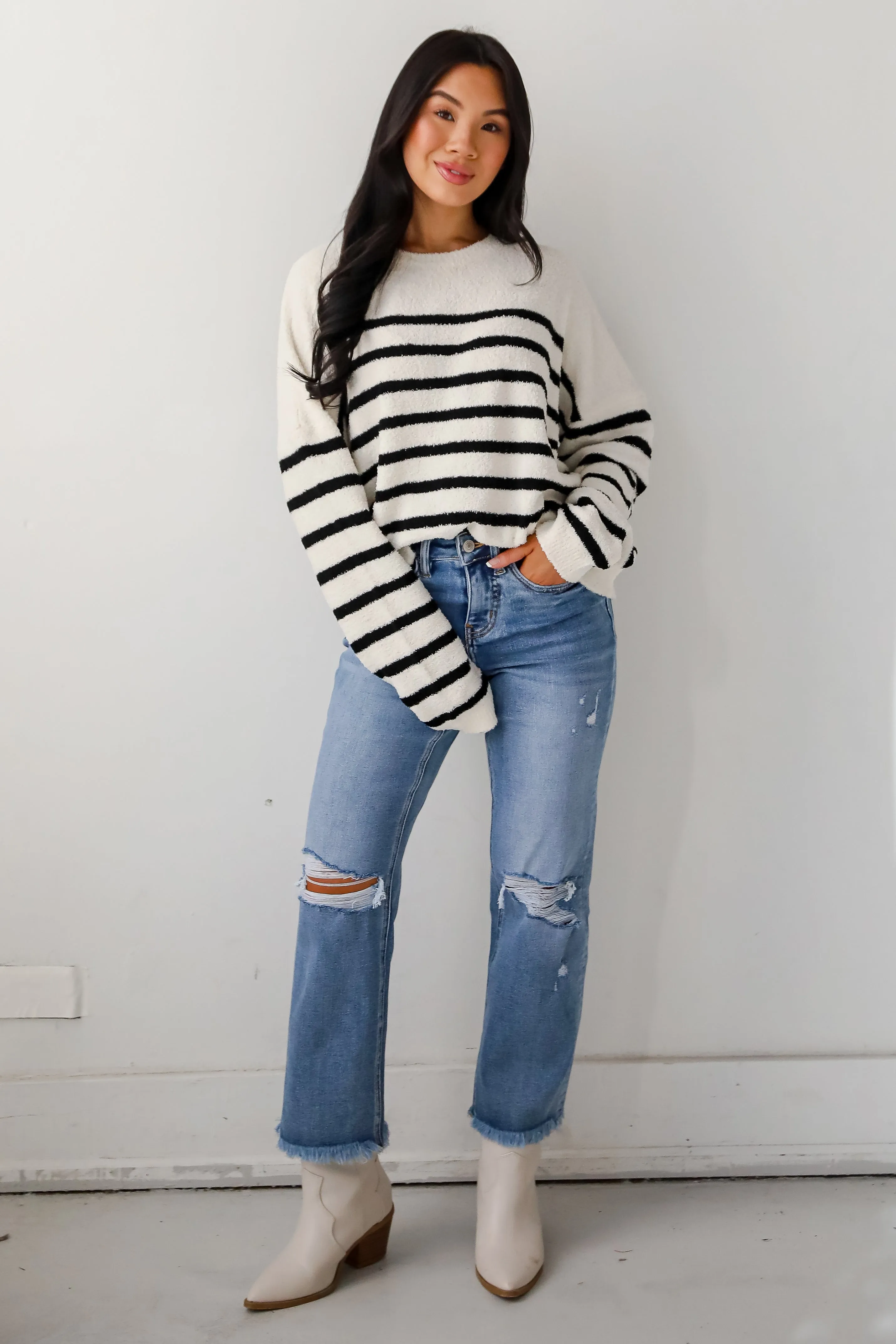 Delightful Weather Cream Striped Fuzzy Knit Sweater