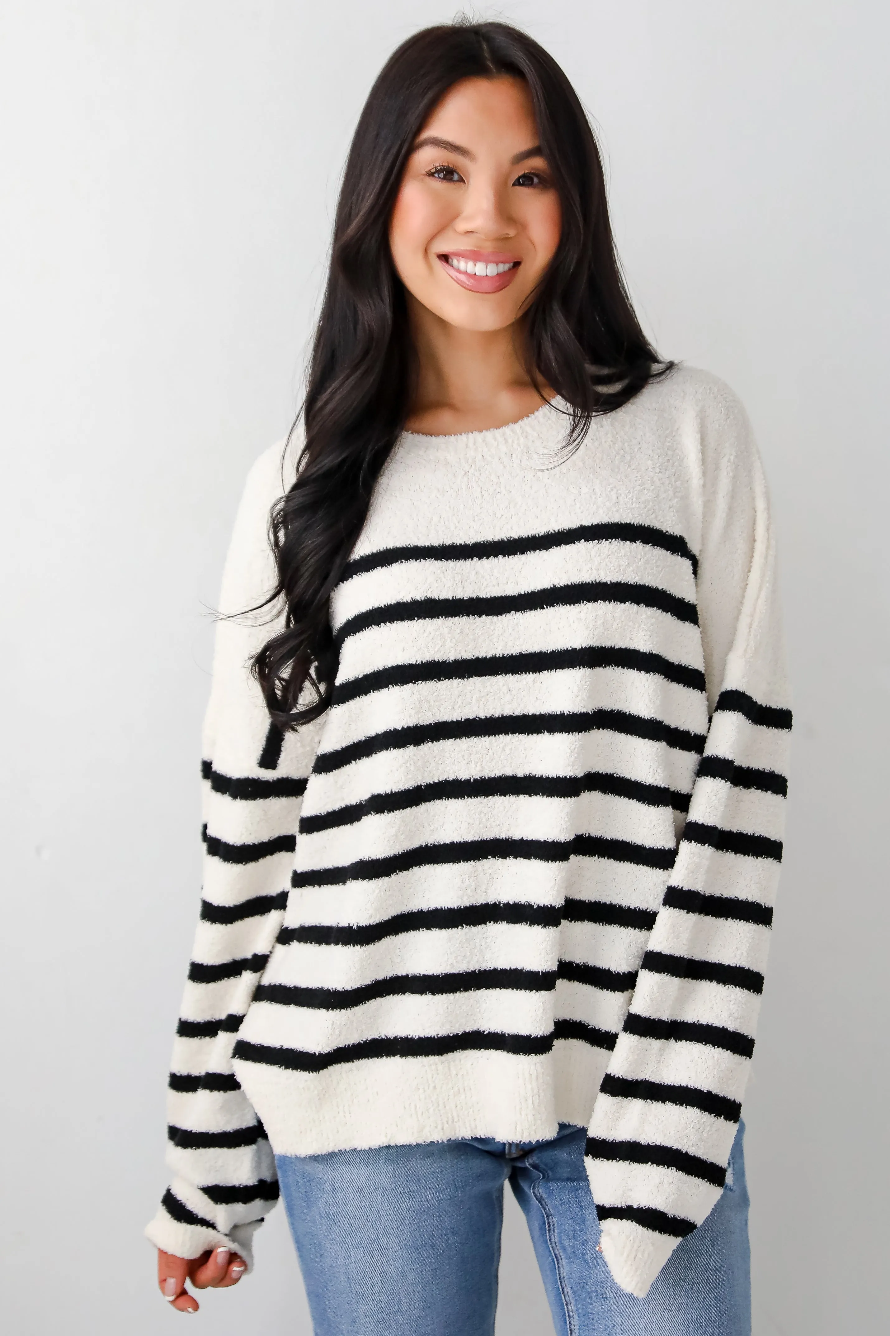 Delightful Weather Cream Striped Fuzzy Knit Sweater