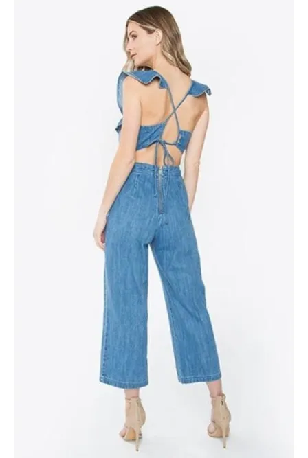 Denim Criss Cross Back Ruffled Sleeve Jumpsuit