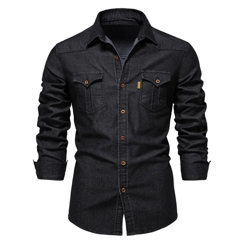 Denim Non-ironing Shirt Men's Casual Solid Color Long-sleeved Shirt