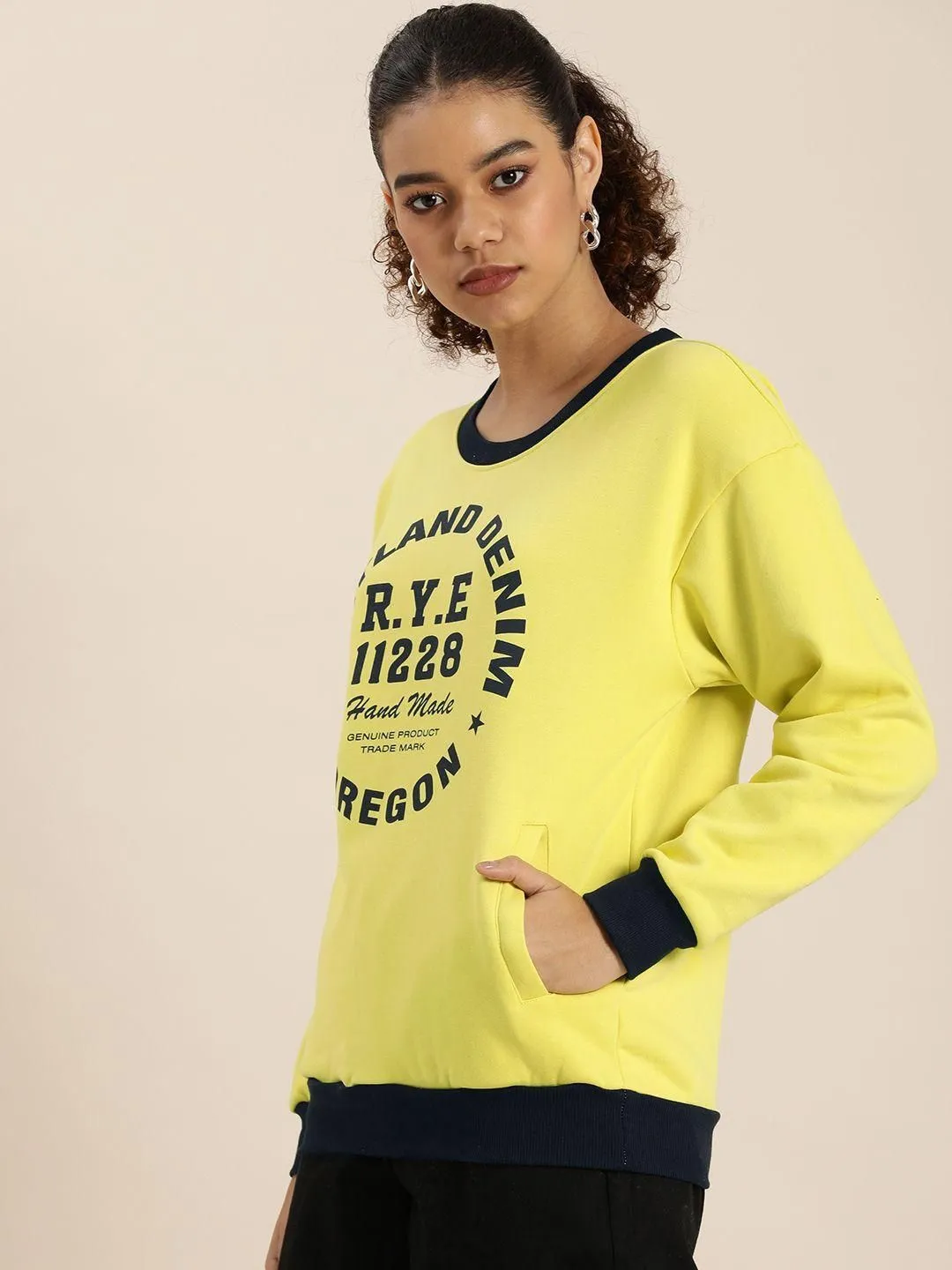 Dillinger Women's Yellow Typographic Oversized Sweatshirt