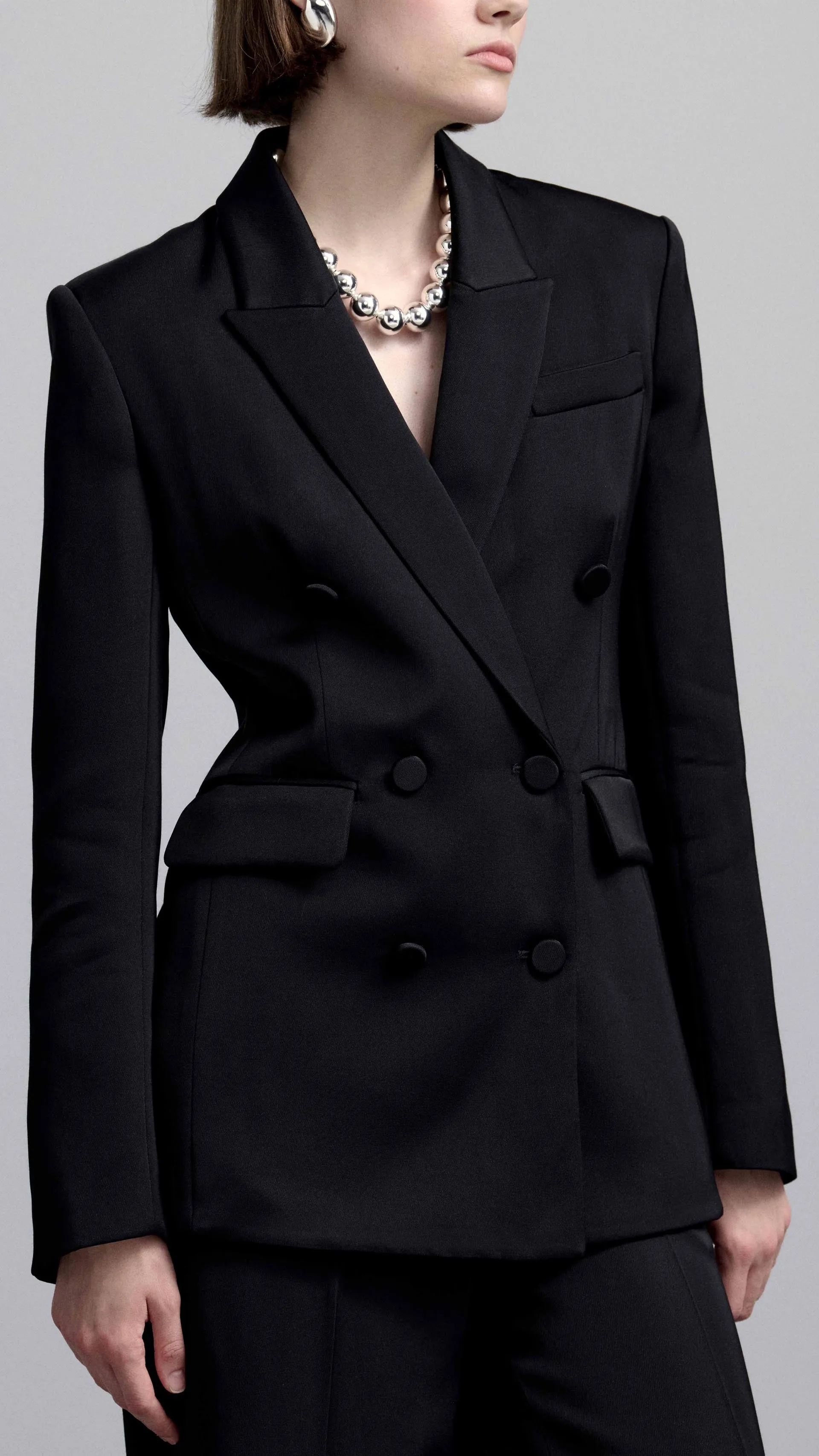 Double-Breasted Blazer in Viscose Satin Twill | Black