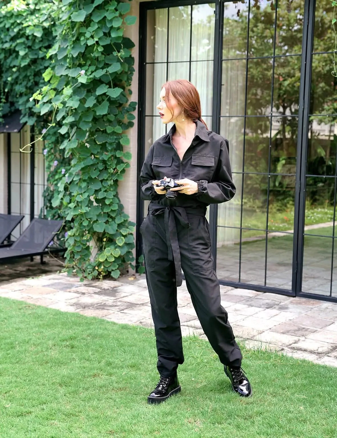 Eco-Chic Explorer: AMELIA Sustainable Travel Jumpsuit in Timeless Black