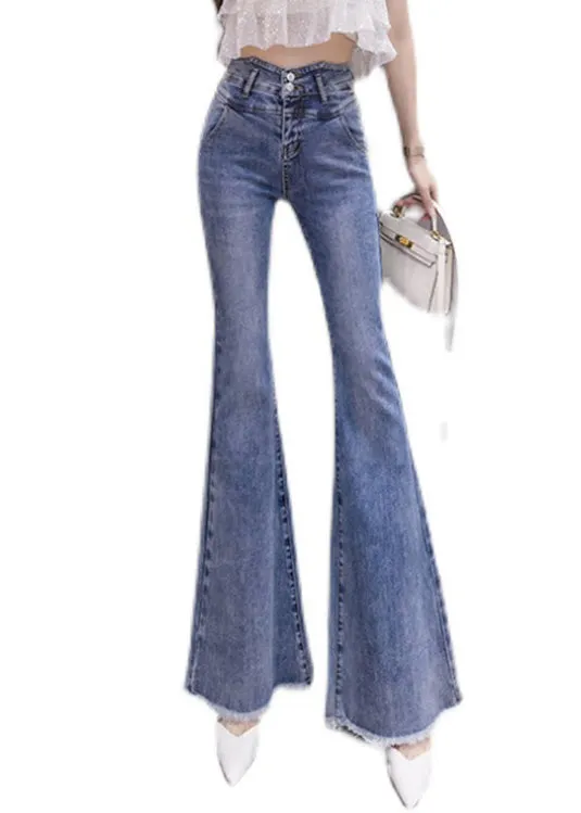 Elegant Blue High Waist Button Long Jeans Spring LY0174