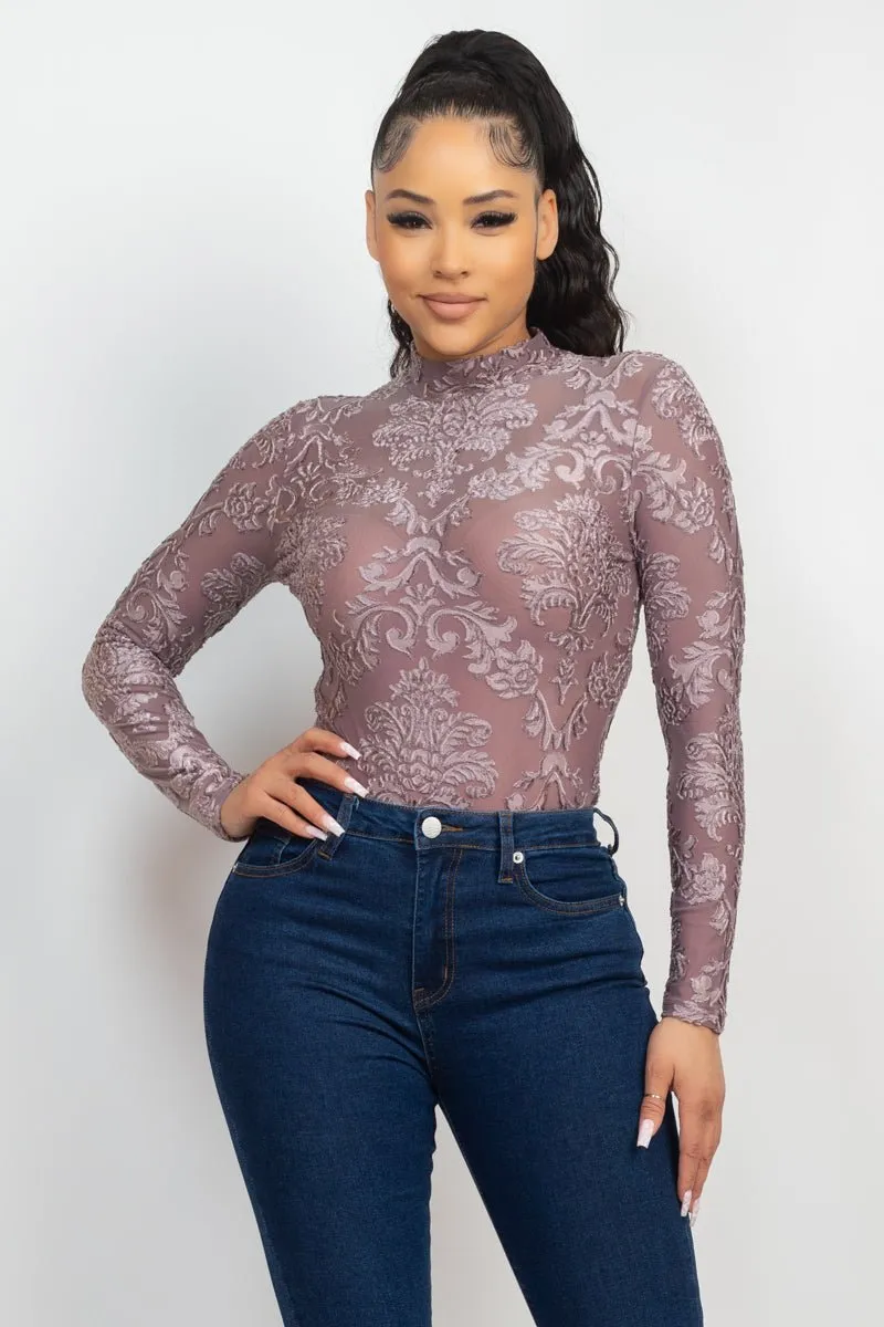 Embroidered Mock Neck Keyhole Bodysuit