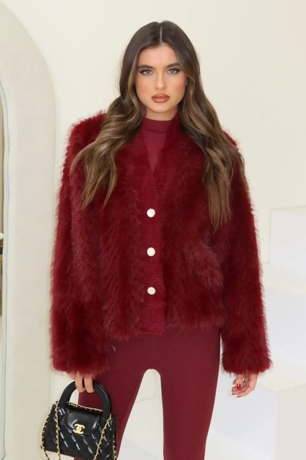 Emily burgundy faux fur & knit cardigan