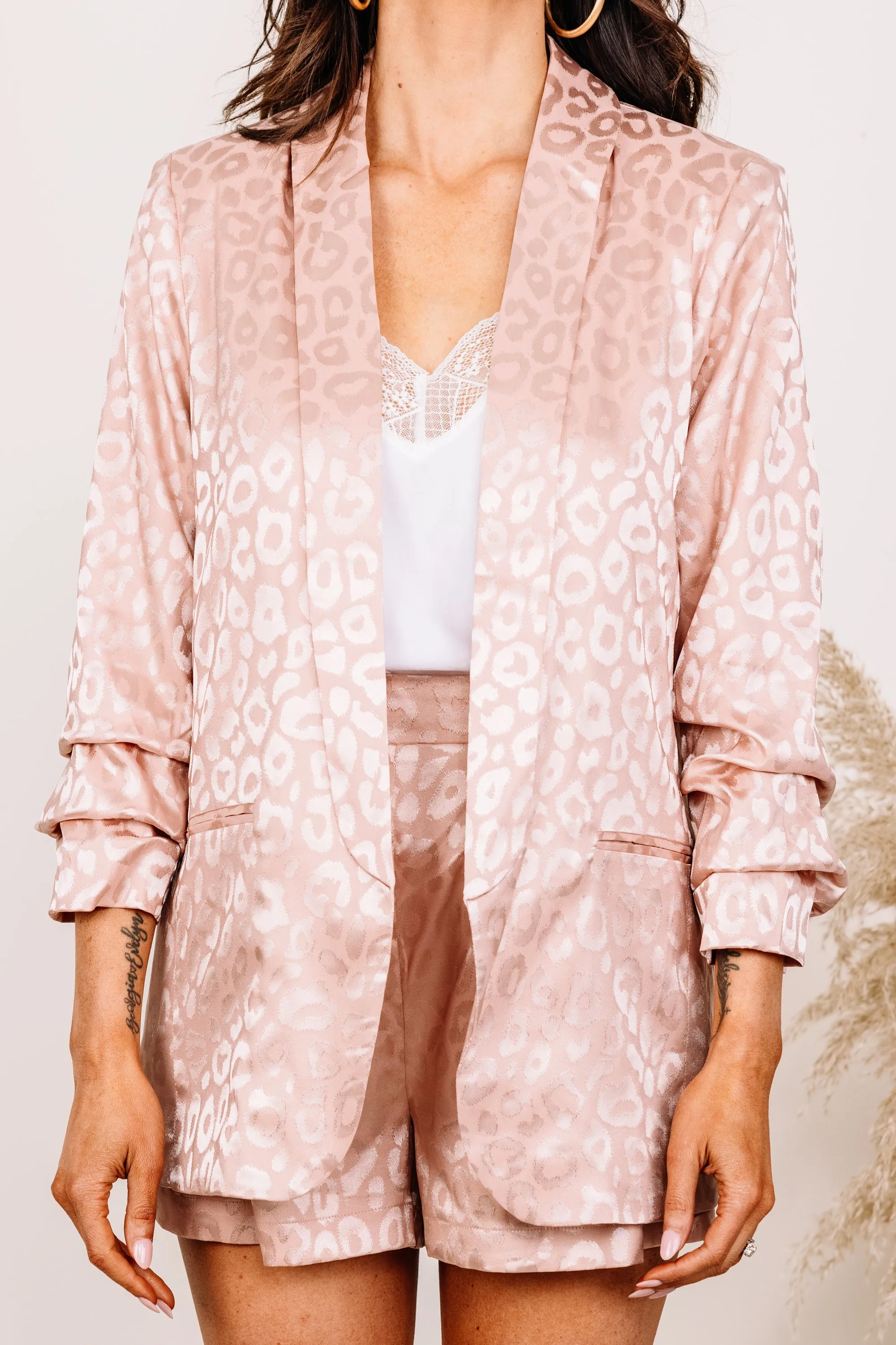 Established Confidence Blush Pink Satin Leopard Blazer