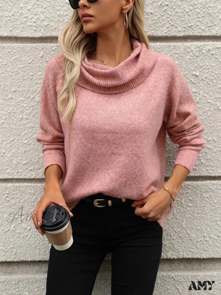 Fall Winter Solid Turtleneck Off Shoulder Long Sleeve Loose Sweater