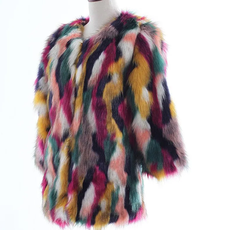 Faux Fur Multicolor Fox Fur Color Matching Coat