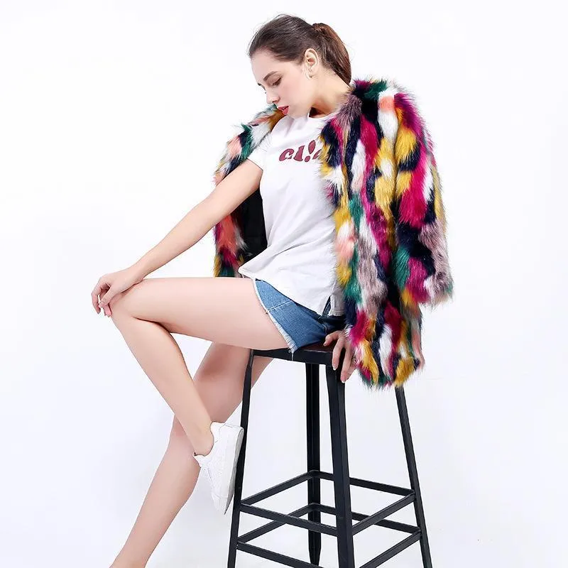 Faux Fur Multicolor Fox Fur Color Matching Coat