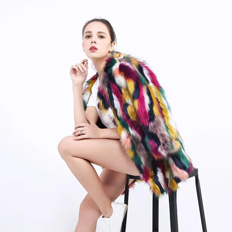 Faux Fur Multicolor Fox Fur Color Matching Coat