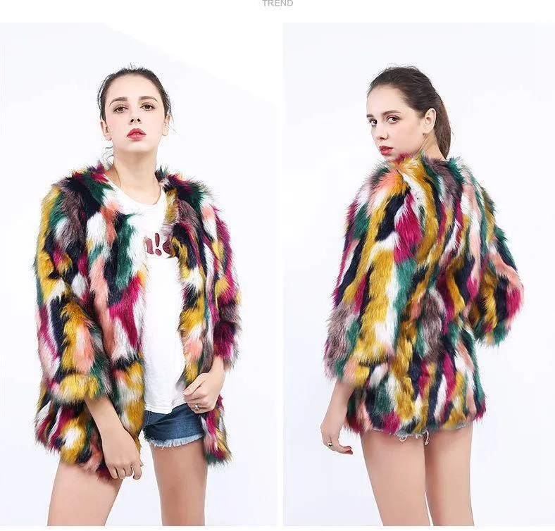 Faux Fur Multicolor Fox Fur Color Matching Coat