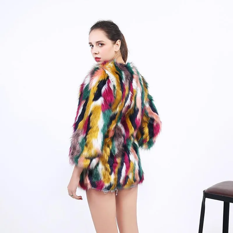 Faux Fur Multicolor Fox Fur Color Matching Coat