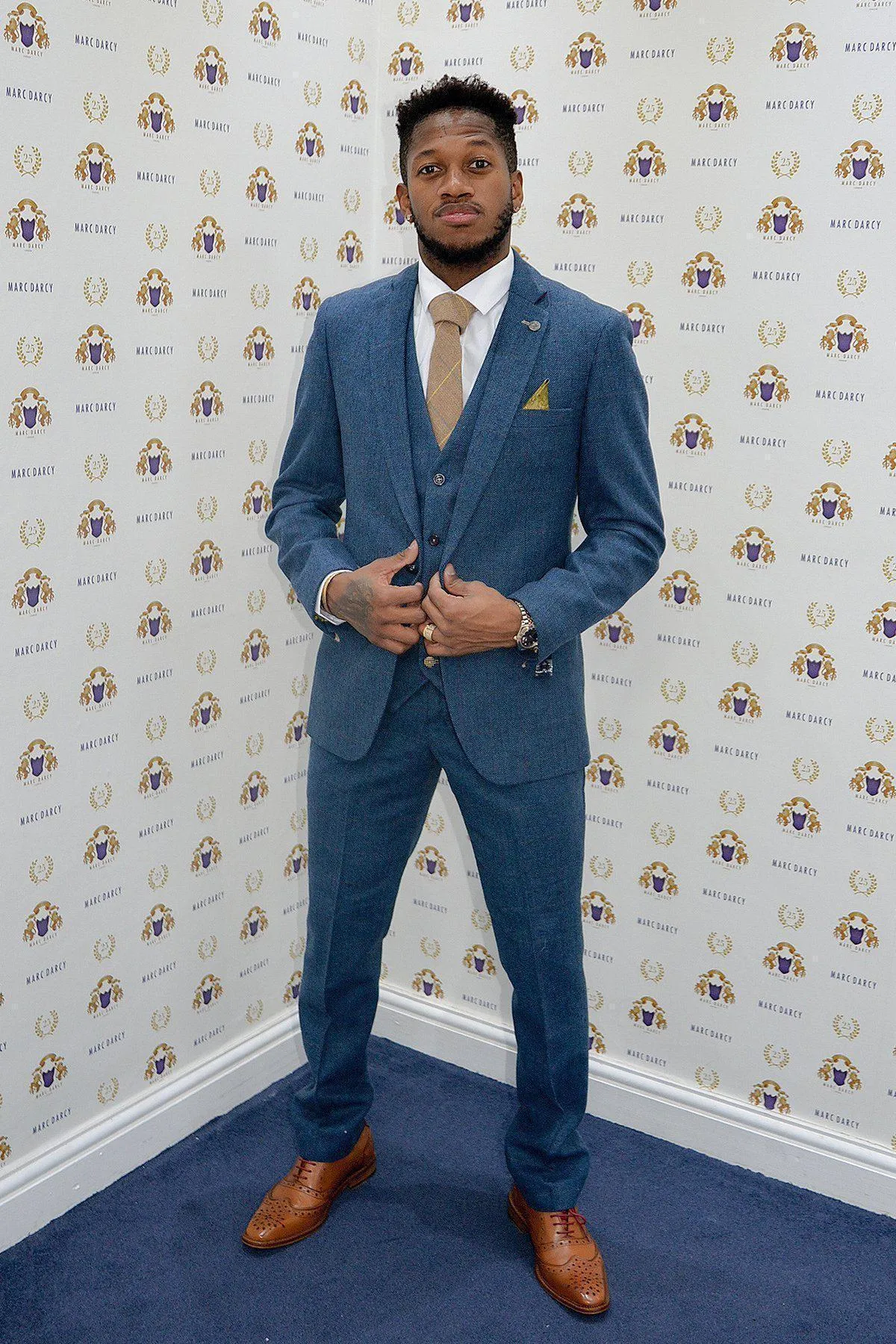 Fenerbahçe And Brazil Midfielder Fred in Dion Blue Tweed Check Suit