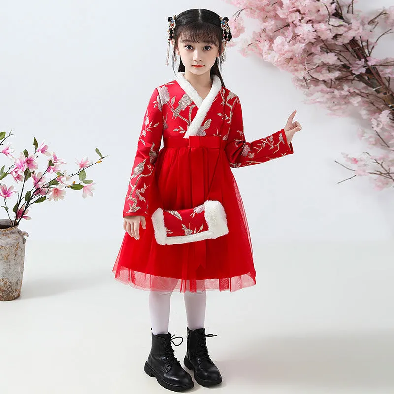 Floral Brocade Wadded Coat with Pleated Skirt Girl's Suit