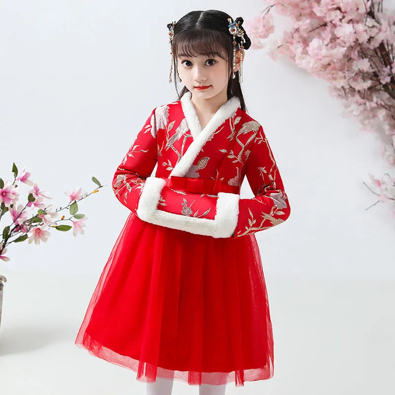 Floral Brocade Wadded Coat with Pleated Skirt Girl's Suit