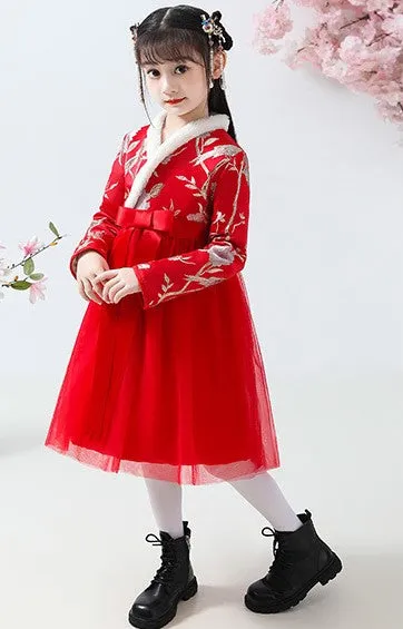 Floral Brocade Wadded Coat with Pleated Skirt Girl's Suit