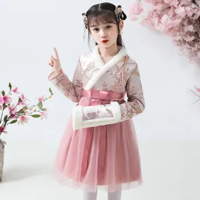 Floral Brocade Wadded Coat with Pleated Skirt Girl's Suit