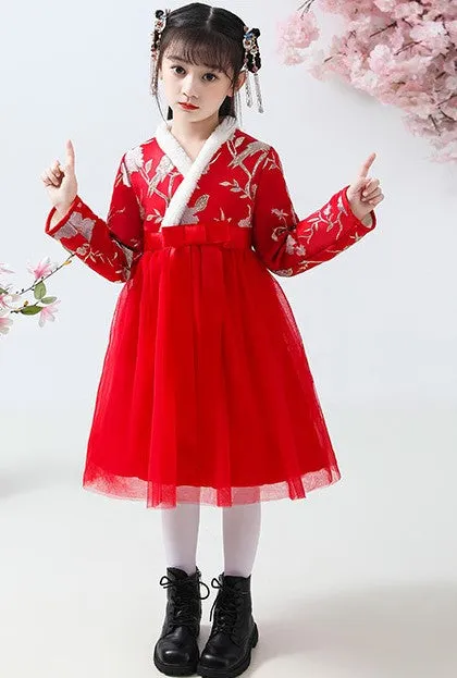 Floral Brocade Wadded Coat with Pleated Skirt Girl's Suit