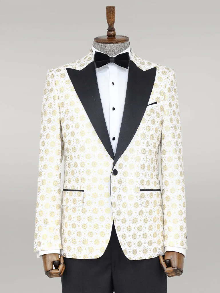 Floral Patterned Peak Lapel White Men Wedding Tuxedo Blazer - Wessi