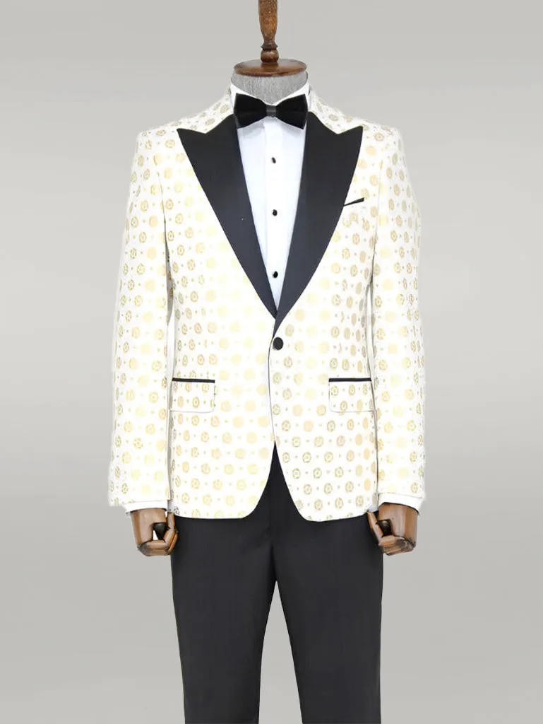 Floral Patterned Peak Lapel White Men Wedding Tuxedo Blazer - Wessi