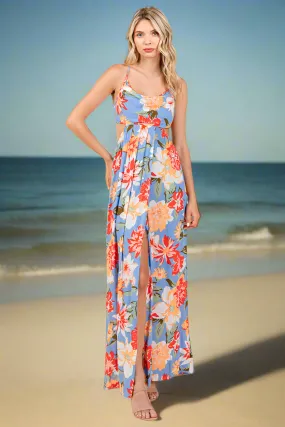 Flower Print Open Back Split Front Maxi Dress