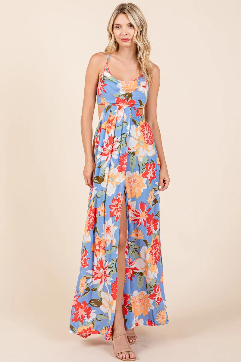 Flower Print Open Back Split Front Maxi Dress