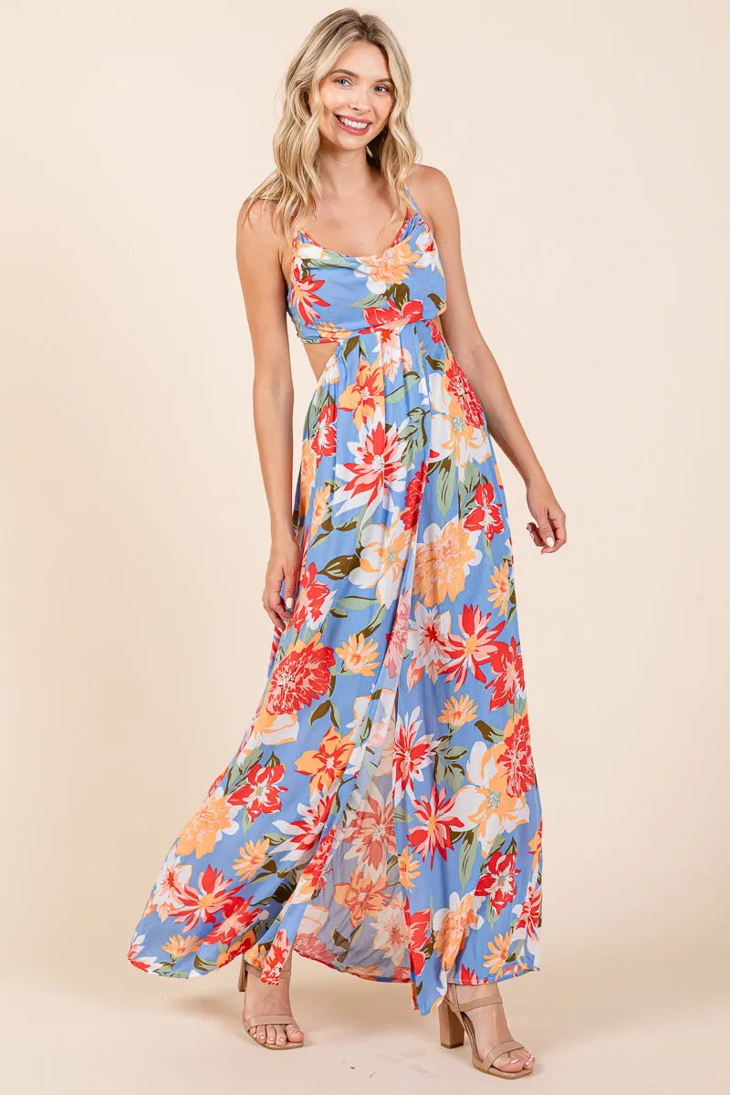 Flower Print Open Back Split Front Maxi Dress