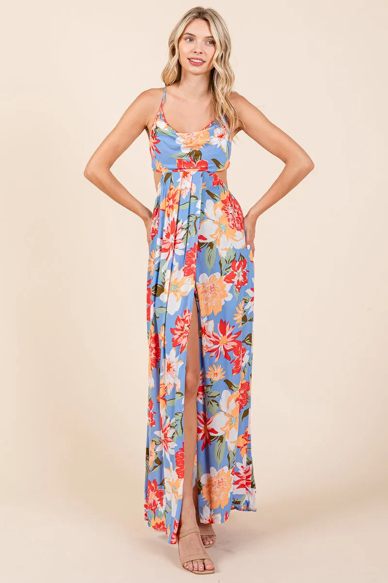 Flower Print Open Back Split Front Maxi Dress