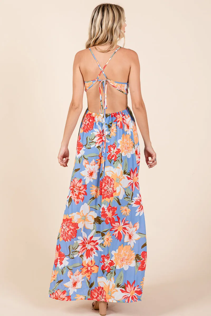 Flower Print Open Back Split Front Maxi Dress