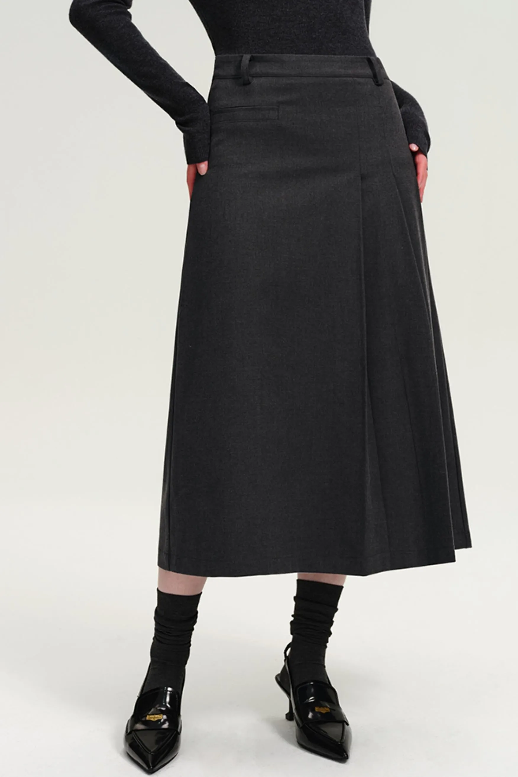 French Woolen High-Waisted Pleated Skirt